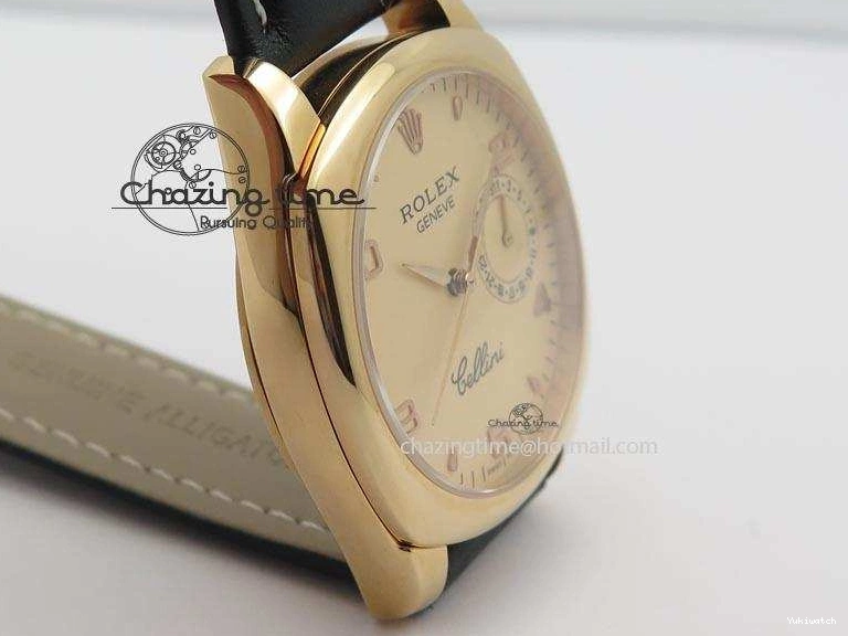 A2824 Cellini Markers Numeral Leather Date RG Rose Black Dial On Gold Strap 0721